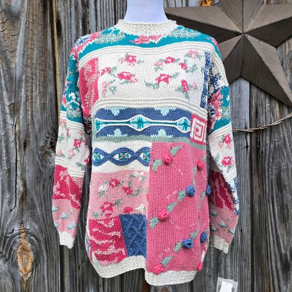 VTG Patchwork Sweater Crystal Kobe Size Petite Medium Pink Blue Beige Floral NWT - Picture 1 of 9